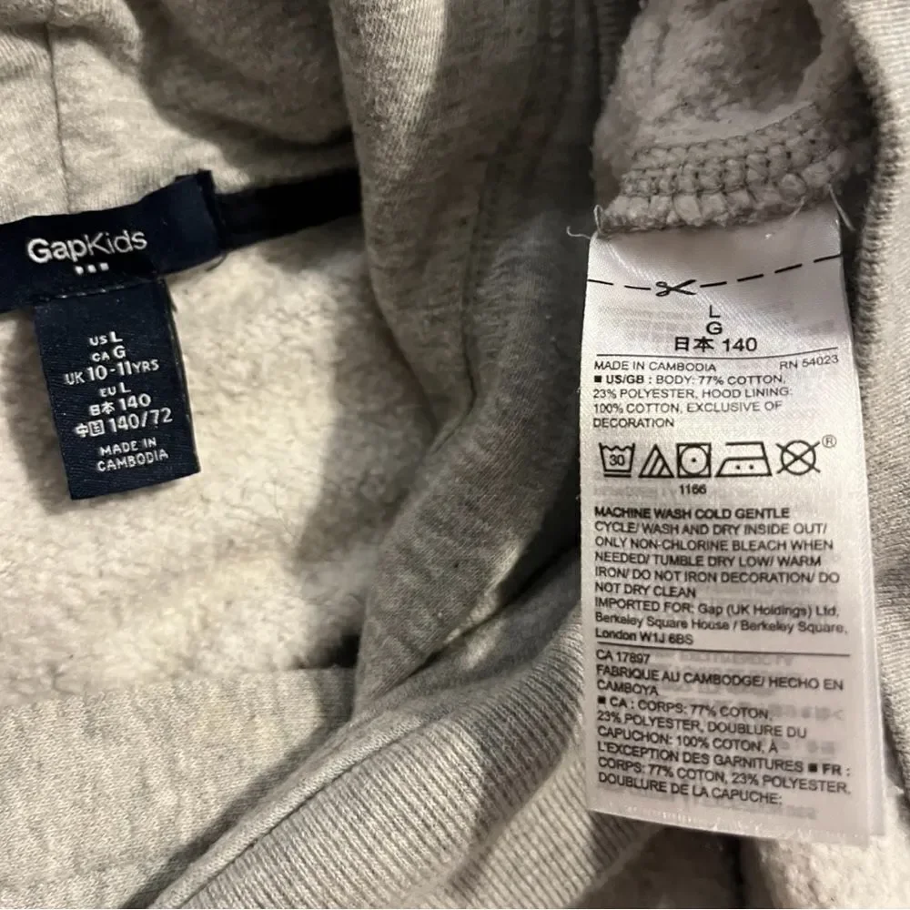 Gap Kids Gray Logo Hoodie Boys Large Used Cotton Hooded Sweatshirt